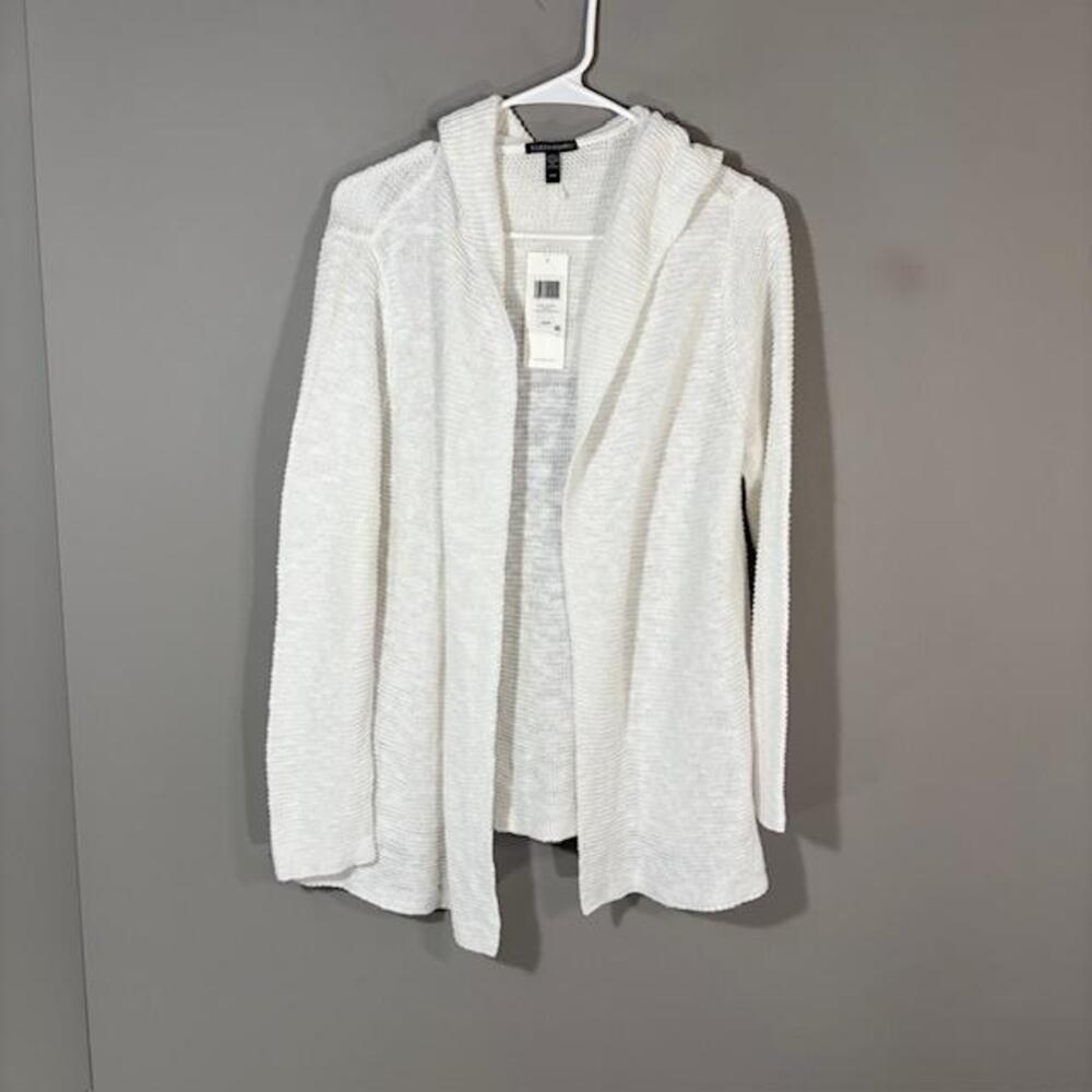 Eileen Fisher Cardigan Sweater Womens Medium White Linen Cotton Hooded Open Knit